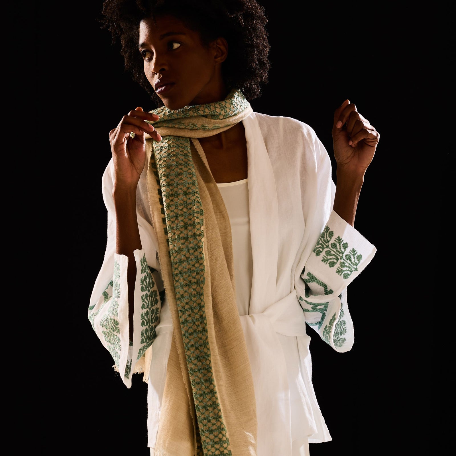 BEIGE CASHMERE & SILK SHAWL AQUA GREEN BEEHIVE