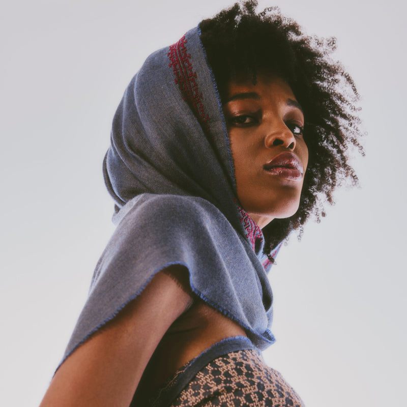 BLUE CASHMERE & SILK SHAWL BURGUNDY IBRAHIM