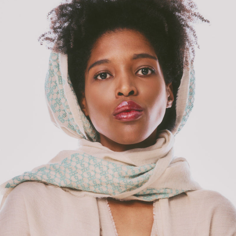 BEIGE CASHMERE & SILK SHAWL AQUA GREEN BEEHIVE