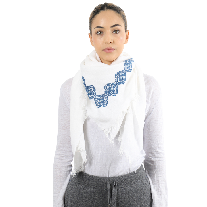 WHITE LINEN SHAWL SQUARE BLUE POPPY