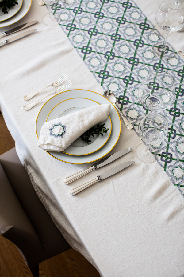 craftsmanship hand-embroidered tablecloth linen by refugees in jordan