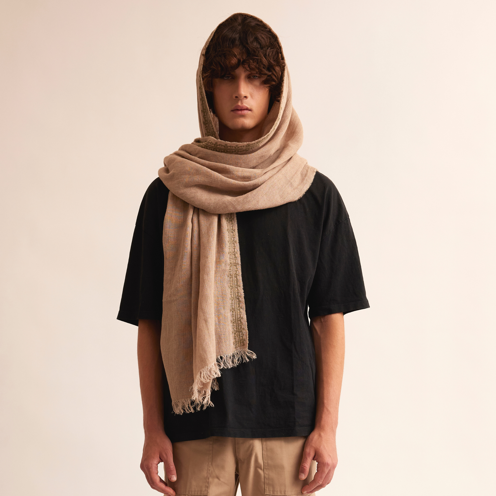 BEIGE LINEN SHAWL KHAKI IBRAHIM