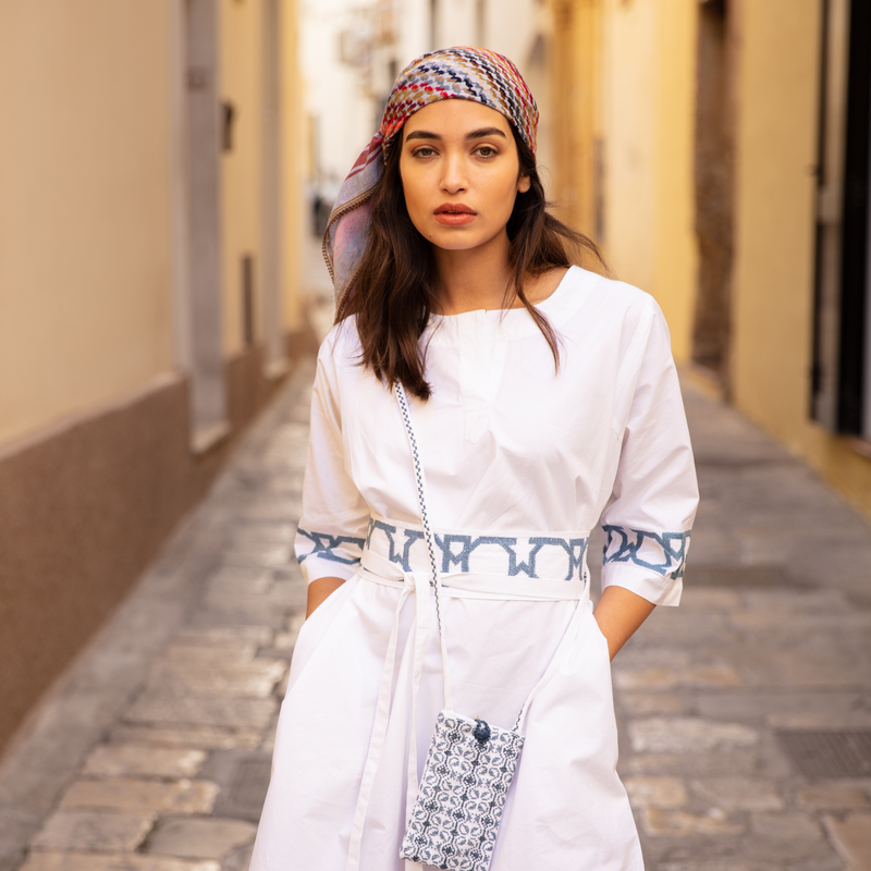 ESMERALDA | WHITE SHORT COTTON DRESS | BLUE AL QUDS