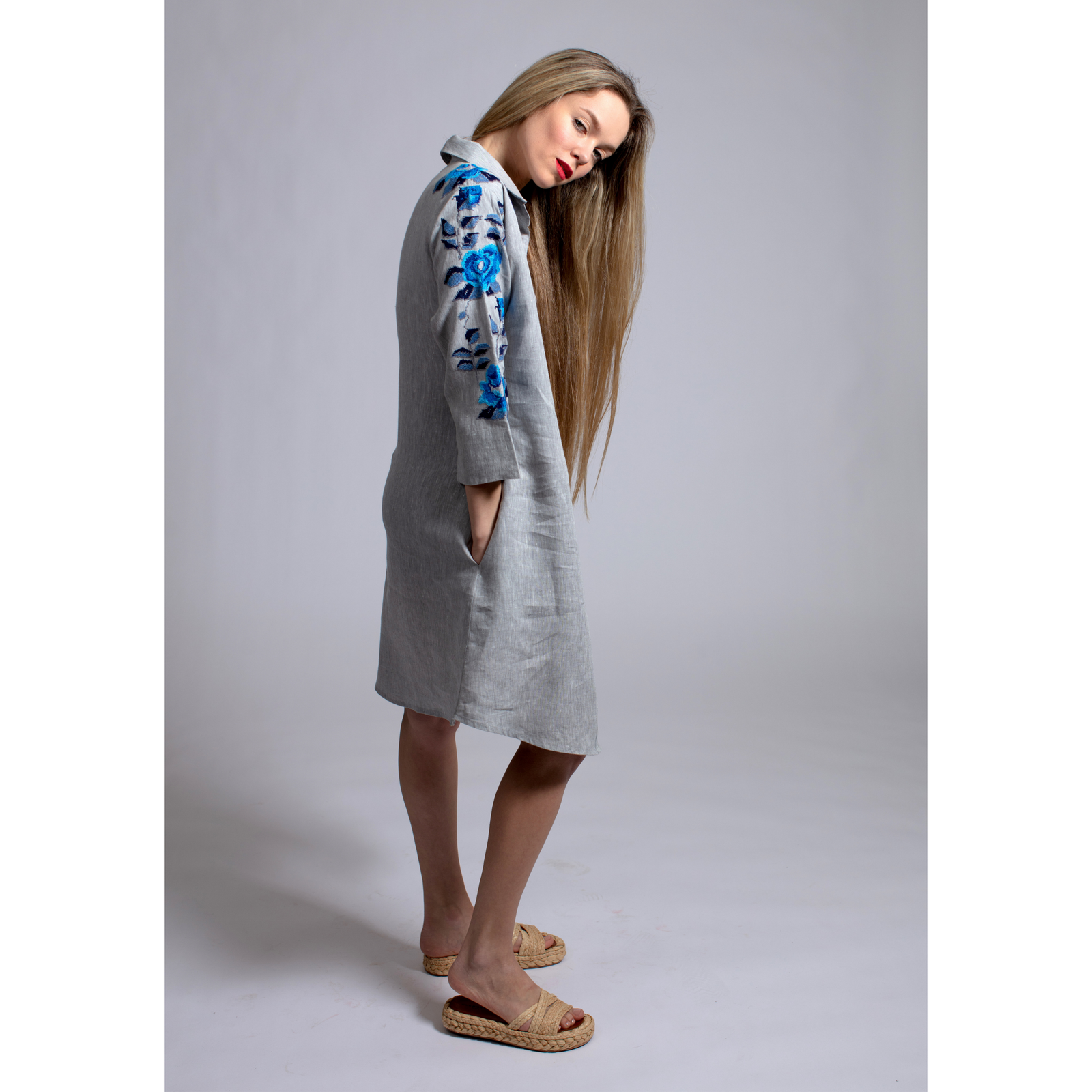 GRAY LINEN SHIRT DRESS SEA BLUE HANA ROSE